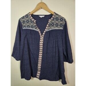 Amaryllis Womens 2X Sleeve 3/4  Blue V-Neck Top Chevron Embroidered Floral